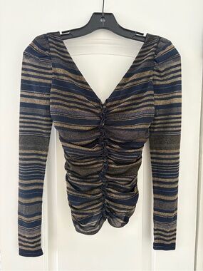 bebe Navy and Gold Striped Ruched V-Neck Long Sleeve Top